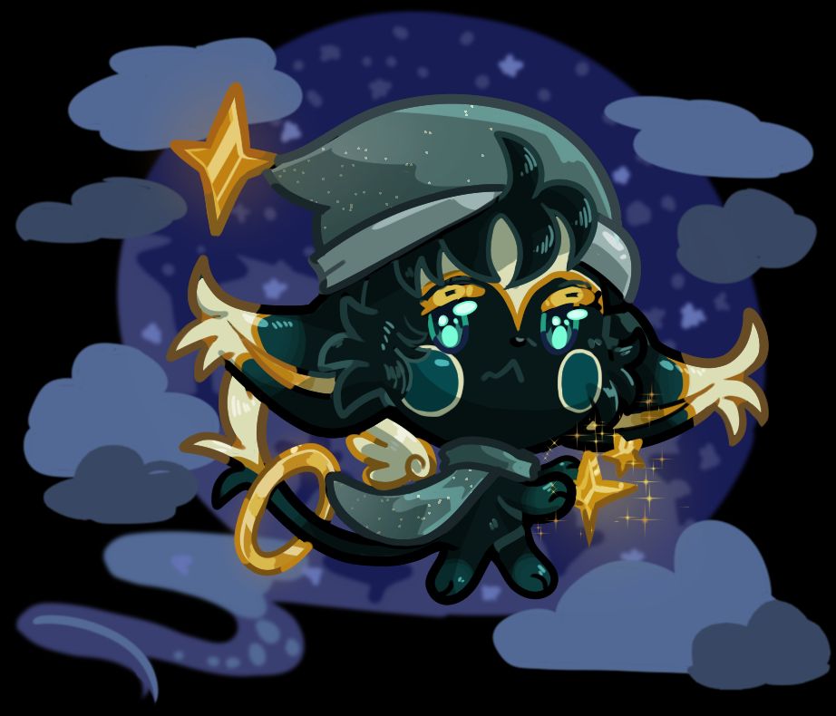 A drawing of a black and gold winged cat carrying a shiny star. It has a halo around it's tail and is wearing a faded blue night cap.