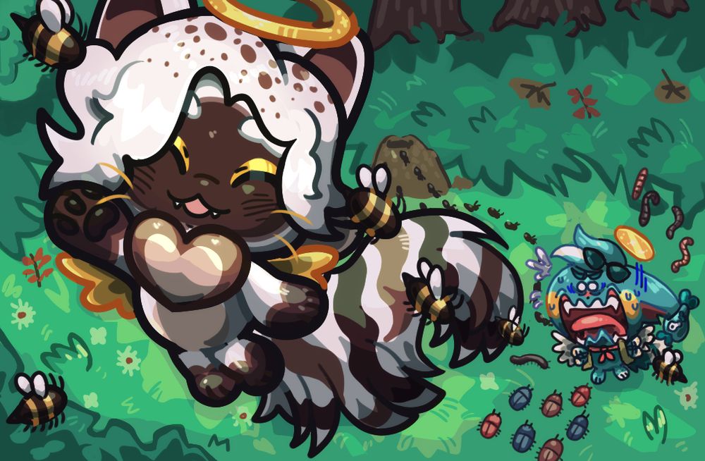 A drawing of two cats surrounded by a variety of insects in a grassy clearing. The one closest to the viewer is happily guiding bees towards the extremely distressed cat in the background.