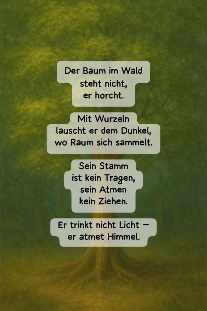 Der Baum im Wald steht nicht, er horcht. Mit Wurzeln lauscht er dem Dunkel, wo Raum sich sammelt. Sein Stamm ist kein Tragen, sein Atmen kein Ziehen. Er trinkt nicht Licht — er atmet Himmel.