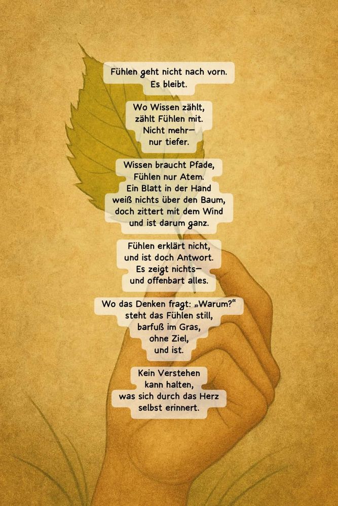 Fühlen geht nicht nach vorn. Es bleibt. Wo Wissen zählt, zählt Fühlen mit. Nicht mehr— nur tiefer. Wissen braucht Pfade, Fühlen nur Atem. Ein Blatt in der Hand weiß nichts über den Baum, doch zittert mit dem Wind und ist darum ganz. Fühlen erklärt nicht, und ist doch Antwort. Es zeigt nichts— und offenbart alles. Wo das Denken fragt: „Warum?“ steht das Fühlen still, barfuß im Gras, ohne Ziel, und ist. Kein Verstehen kann halten, was sich durch das Herz selbst erinnert.