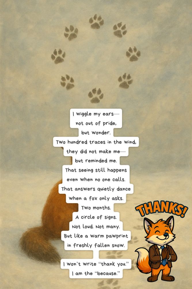 I wiggle my ears— not out of pride, but wonder. Two hundred traces in the wind, they did not make me— but reminded me. That seeing still happens even when no one calls. That answers quietly dance when a fox only asks. Two months. A circle of signs. Not loud. Not many. But like a warm pawprint in freshly fallen snow. I won’t write “thank you.” I am the “because.”