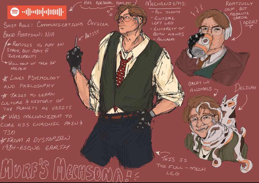 Three self-portrait sketches (but made mech) of the artist as his mechanisms sona. 