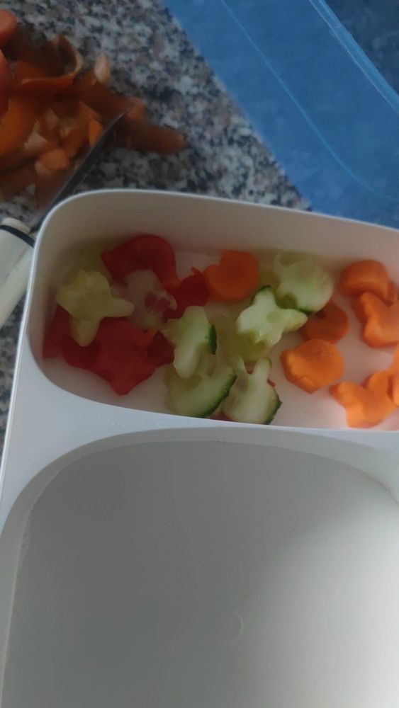 Paprika, gurke und karotte in tierformen ausgestanzt