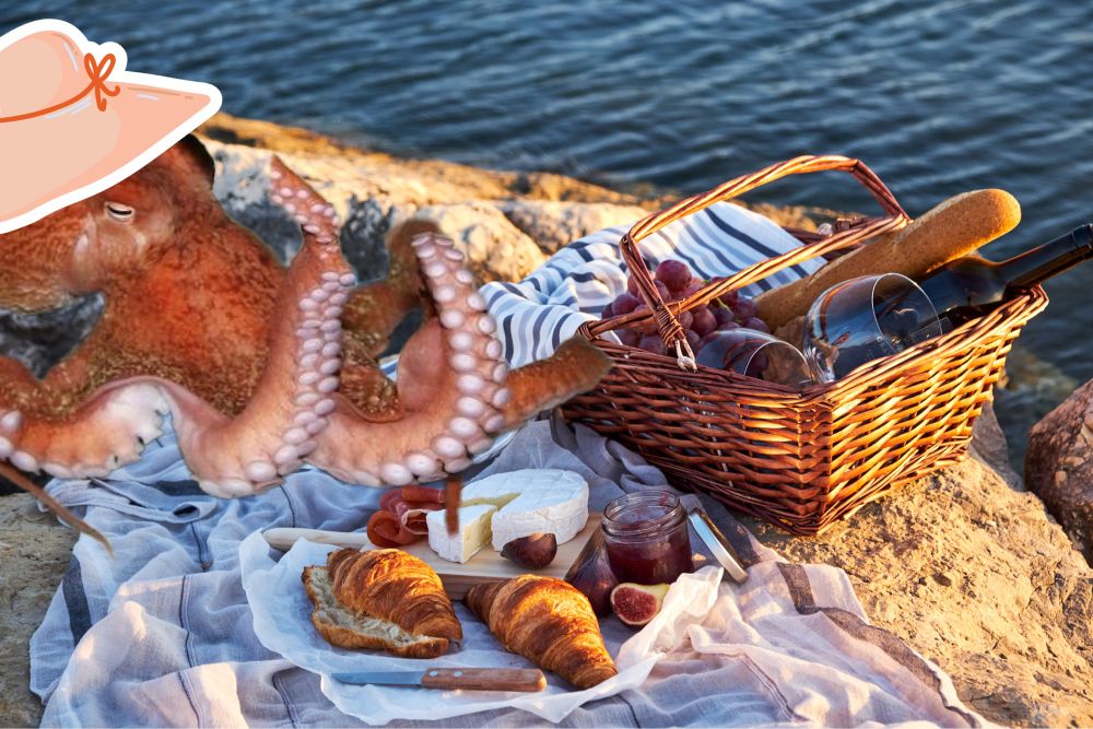 Herbert mit einem schicken Hut bei einem schönen Picknick auf einem Felsen am Meer. Sein Picknick besteht aus Wein, Baguette, zwei Croissants, Camembert Trauben und Wurst.