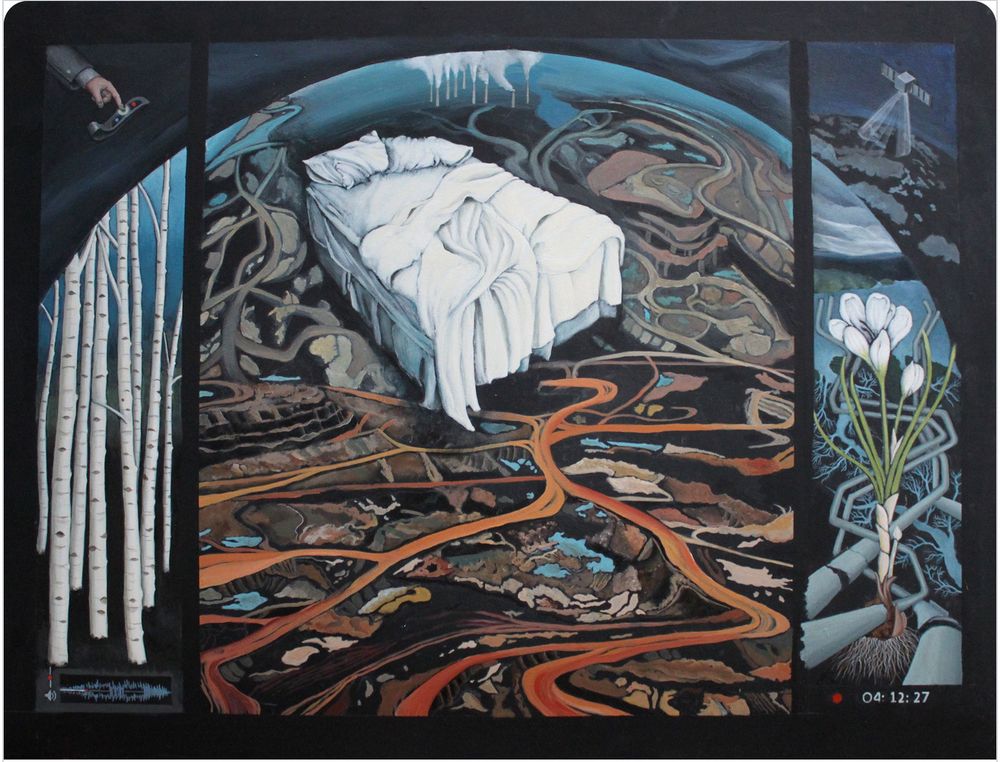 A web of muddied roads over devastated land, a bed with dishevelled white sheets floating above.