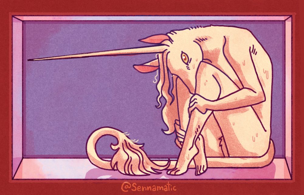 A digital illustration of an anthropomorphic unicorn seated and crouched in a large abstract box. She is seated with her knees pulled up to her chest and hunched over so that her head and horn can fit into the box. You can see one of her eyes, which makes direct eye contact with the viewer. She is particularly disheveled and sweaty. The box around her is a reflective tinted blue. Around the box is a dark deep red color.