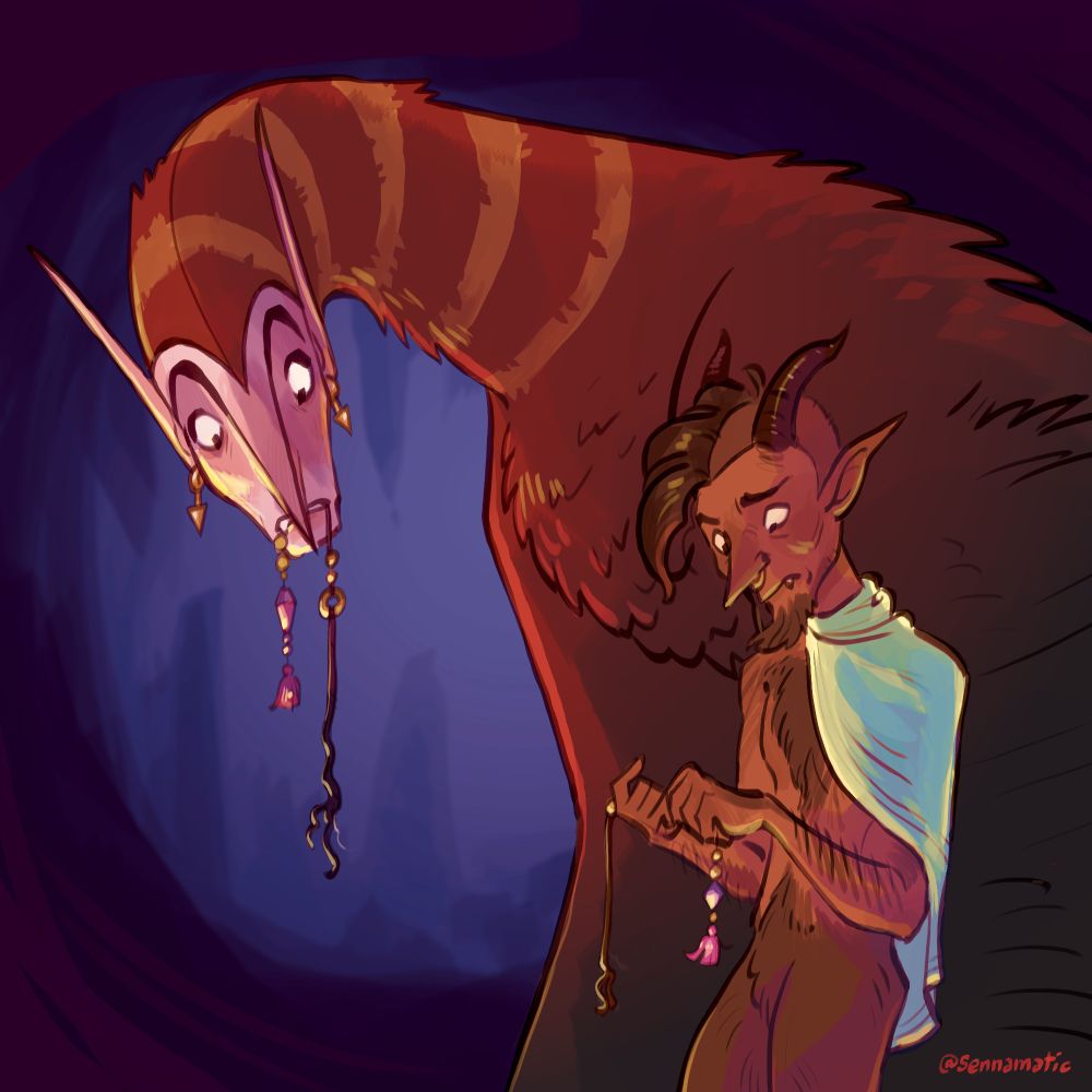 Digital painting of two figures standing in a dark cave. They are both holding the ends of a broken chain with gold details. The large figure that Towers over the second is holding the edge of the chain in his mouth, he looks down at the chain in surprise and disappointment. The second figure, a saytr with a blue cape, is looking down at his half of the chain in his hands. He looks as sad and surprised as the first figure. They are both lit with vibrant warm tones to contrast the dark purple background. 