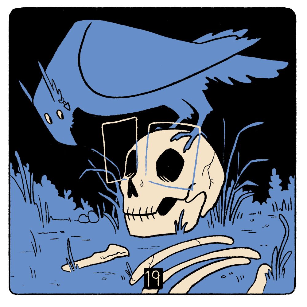 A square digital illustration of a bird perched on a bleached human skull. The skull is on the ground, surrounded by other miscellaneous bones and wearing a pair of large square frames. The bird is large, about the size of an eagle, but it's a hooked beak and two long feathery ears. It has a pair of earrings and is looking down at the fave of the skull. Dirt and grass cam be seen all over the background of the image. The number 19 is drawn in the bottom center of the image 