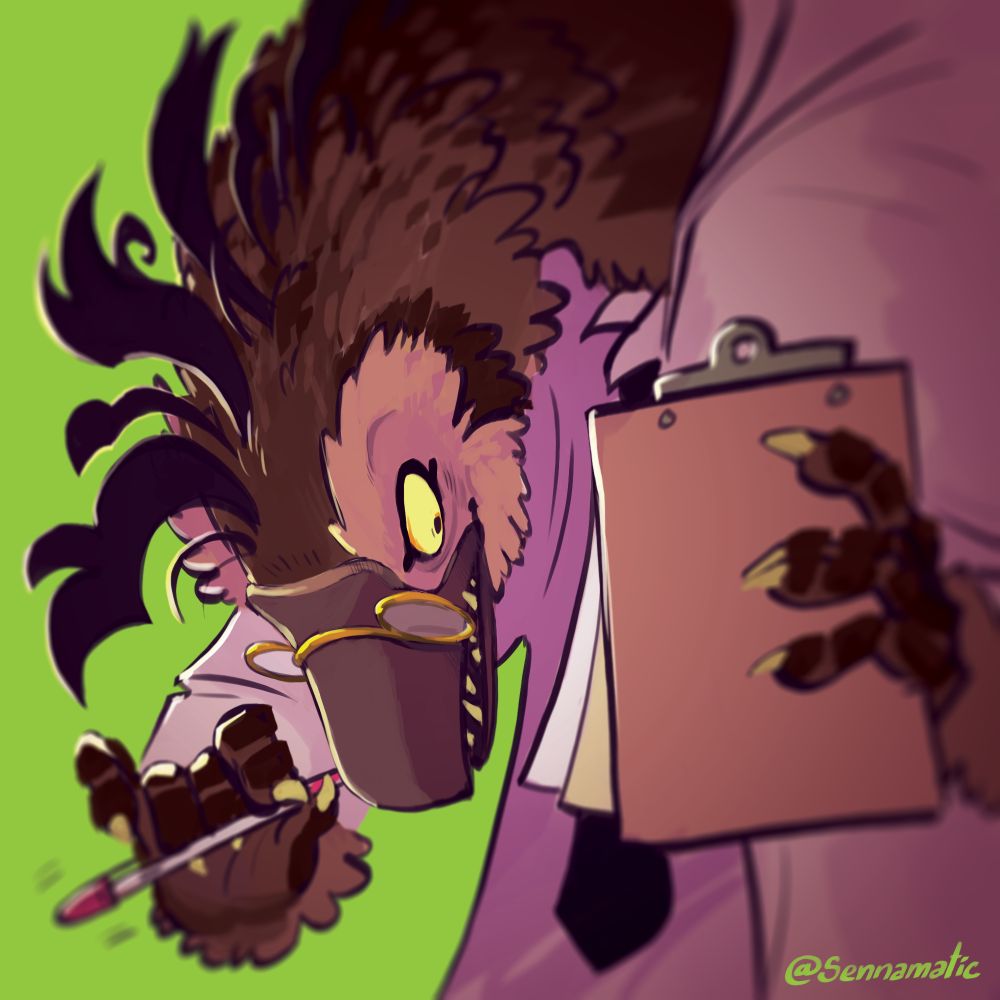 A digital painting of a raptor-like dinosaur wearing a lab coat and glasses. Her head is bowed, as she looks intently at a clipboard and casually chews the end of a ballpoint pen. She is covered in many shades of brown feathers, with a wild crest of feathers on her head and neck. Her hands are scaly and clawed, and her eyes are a bright yellow.  The figure is shades of warm reds and browns. The background is a sickly lime green. 