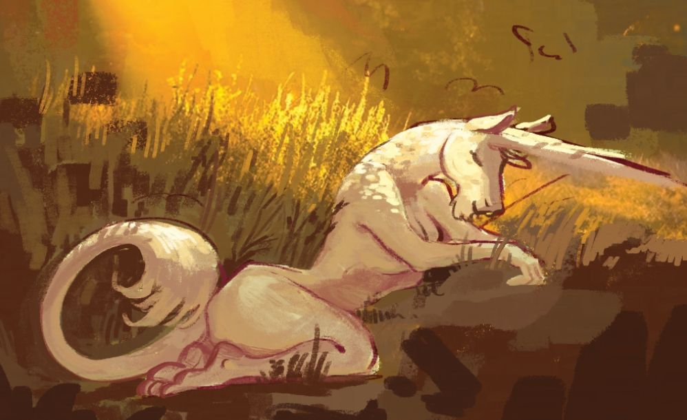 A digital photobash of a white anthropologic unicorn laying in a patch of sunlit grass. She is lounging on her side, the back of her head and neck are speckled with sunbeams. She has her eyes closed in a relaxed expression. Around her, you can see soft grasses. The original photograph is poking out from around the drawing. Everything is a hazy warm orange. 