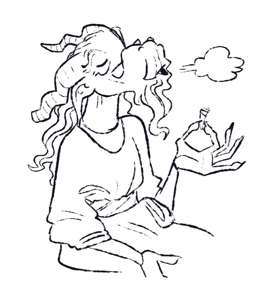 A digital illustration of a dragonborn sitting and smoking. He is elderly, with a long beard, little glasses, and eyebags. His robe is baggy, he holds a joint in one hand and blows out smoke peacefully.