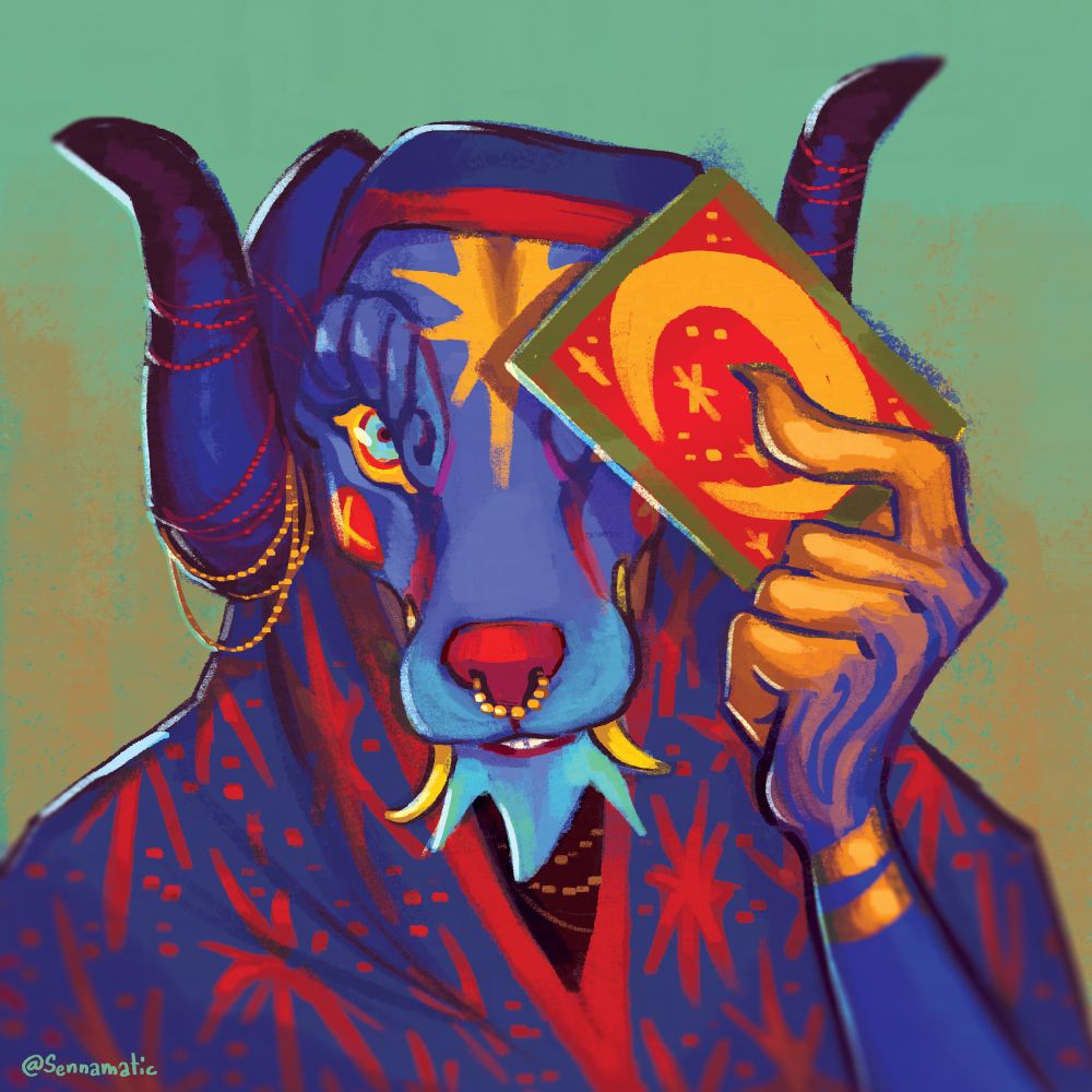 A digital painting of an anthropomorphic charecter holding up a card over one of their eyes. They are blue with red and yellow accents. A bright red nose with a gold ring. A pair of huge yellow fangs peeking out from their smile. They have huge curling blue horns covered in red and gold chains. The single eye peeking out is a piercing yellow and blue. They are wearing a dark blue shawl covered in red stars. They gold up a playing card with a red , green, and gold moon motif. A sliver of blue light frames them from the left. 