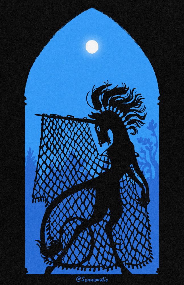 A digital illustration of an anthropomorphic figure in silhouette. The background of the image is a deep blue, with a round full moon in the top center. The entire image is framed around a dark arch, with the primary figure a solid black against the blue. The figure is of an anthropomorphic unicorn standing in an elegant pose. She is facing the right side of the image and has her head bowed to the left. A large thin fabric hangs off of her horn and is cast around her body. The fabric is a loose netting, revealing her body beneath the fabric. Her mane is tied up into tassels, as is her tail. She has a ring in her nose and bracelets along her arms. Her eyes are open, looking forward. 