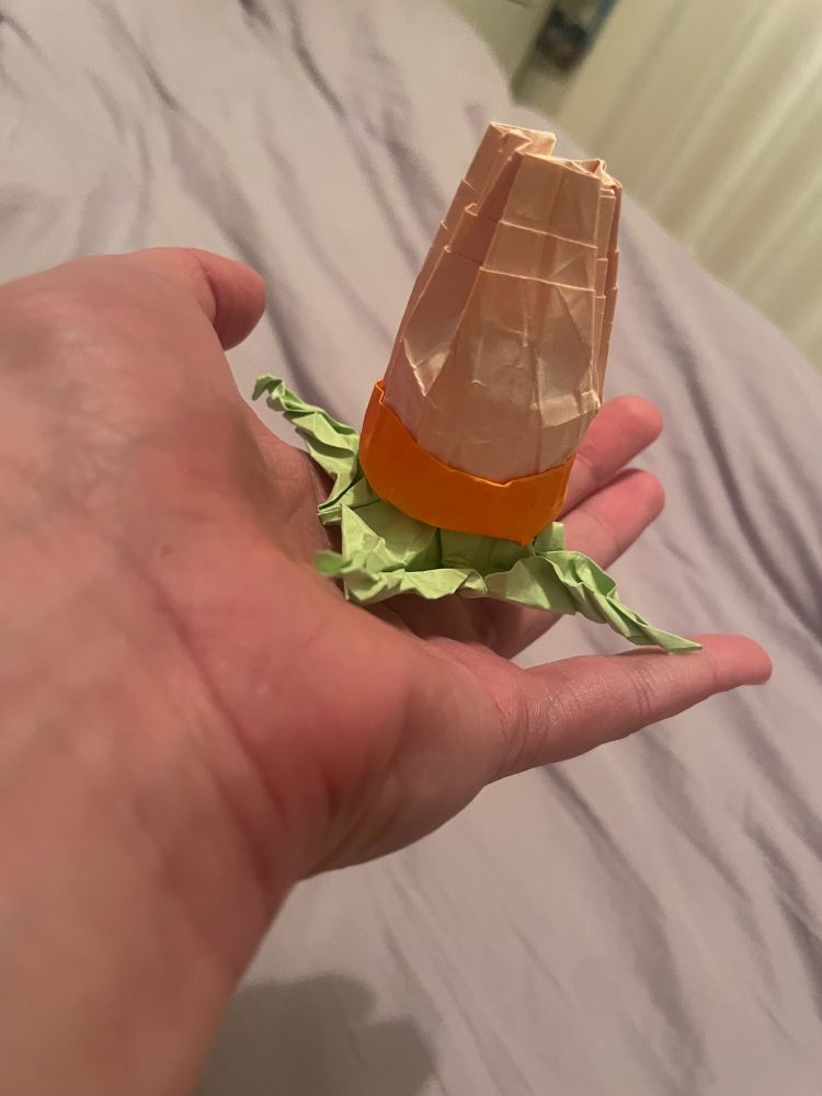 An attempt at an origami banksia flower. The bud is made up of primarily white, small horizontal folds rising up to make a cone. The bottom rim is orange. Green petals of leaves sit below. 

Sat on a hand. 