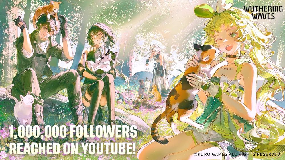 Official art from wuwa with both Rovers, Linyang, and Verina playing with cats 🐈  in a brightly lit forest