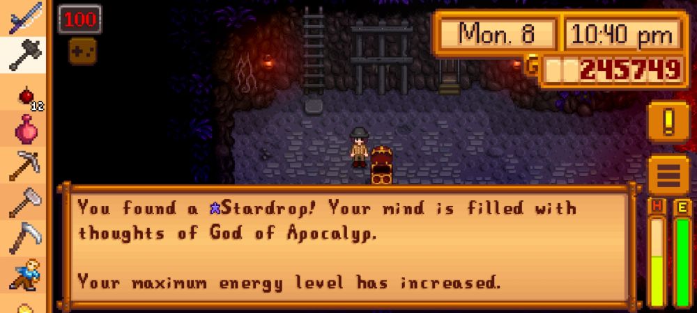 Stardew valley screenshot of op's oc hitting level 100 in the mind and found the stardrop. The text reads: "you found a stardrop! Your mind is filled with thoughts of God of apocalypse"