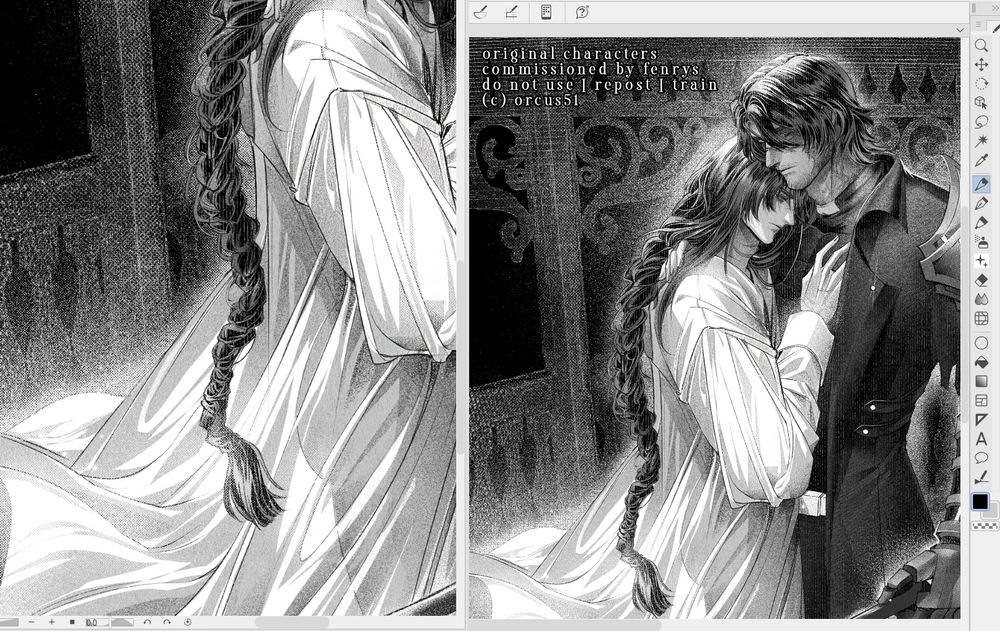 manga panel style illustration of two character in black and white
