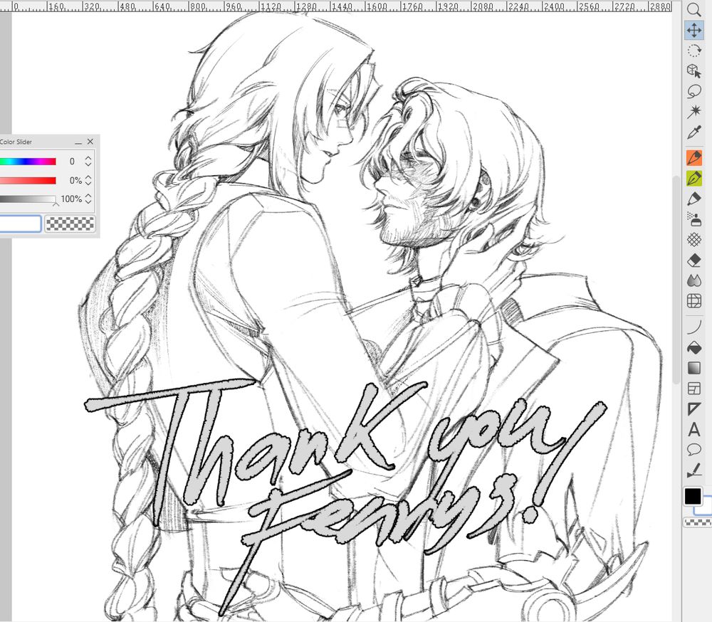 digital sketch of two character with clip studio paint ui surrounding them