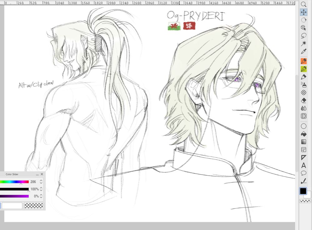 screenshot of op's oc sketches with clip studio paint UI. text: Og-pryderi + a welsh and hongkong flag symbol