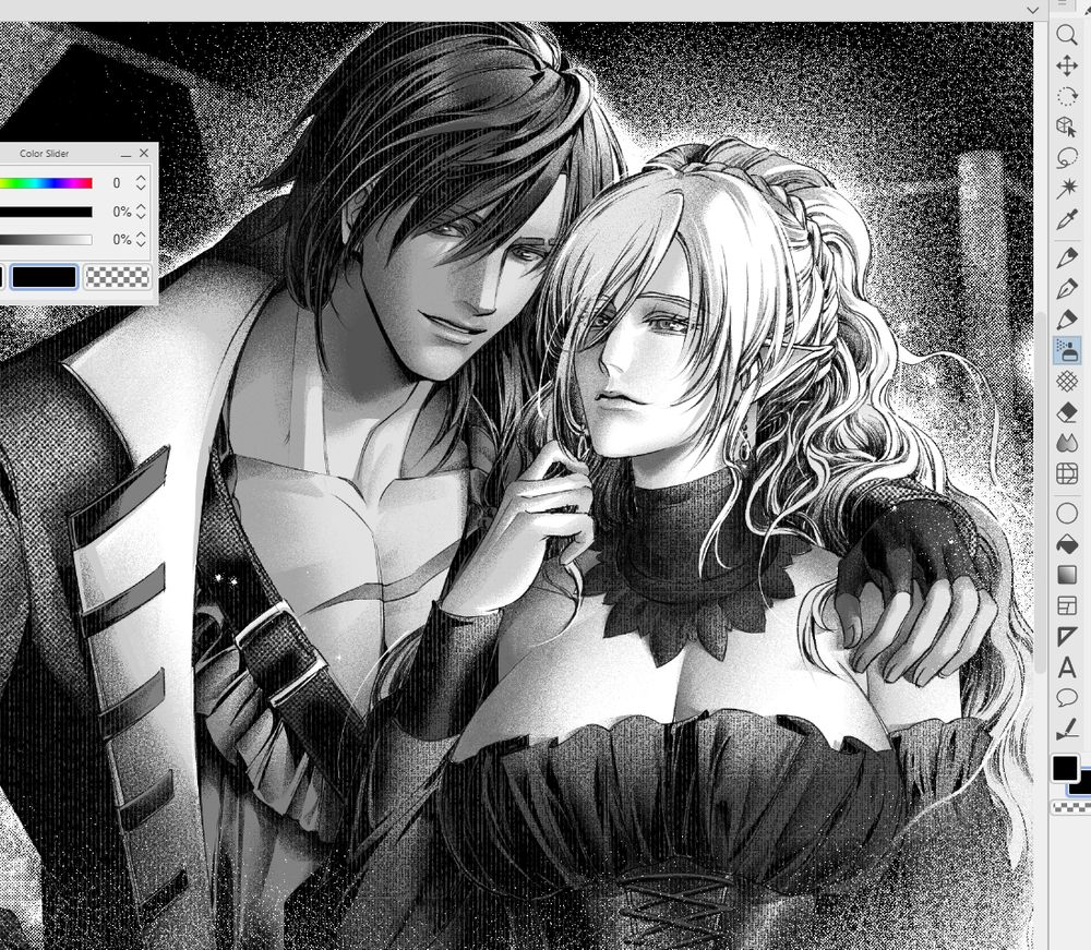 black and white drawing of 2 characters in manga paneling style