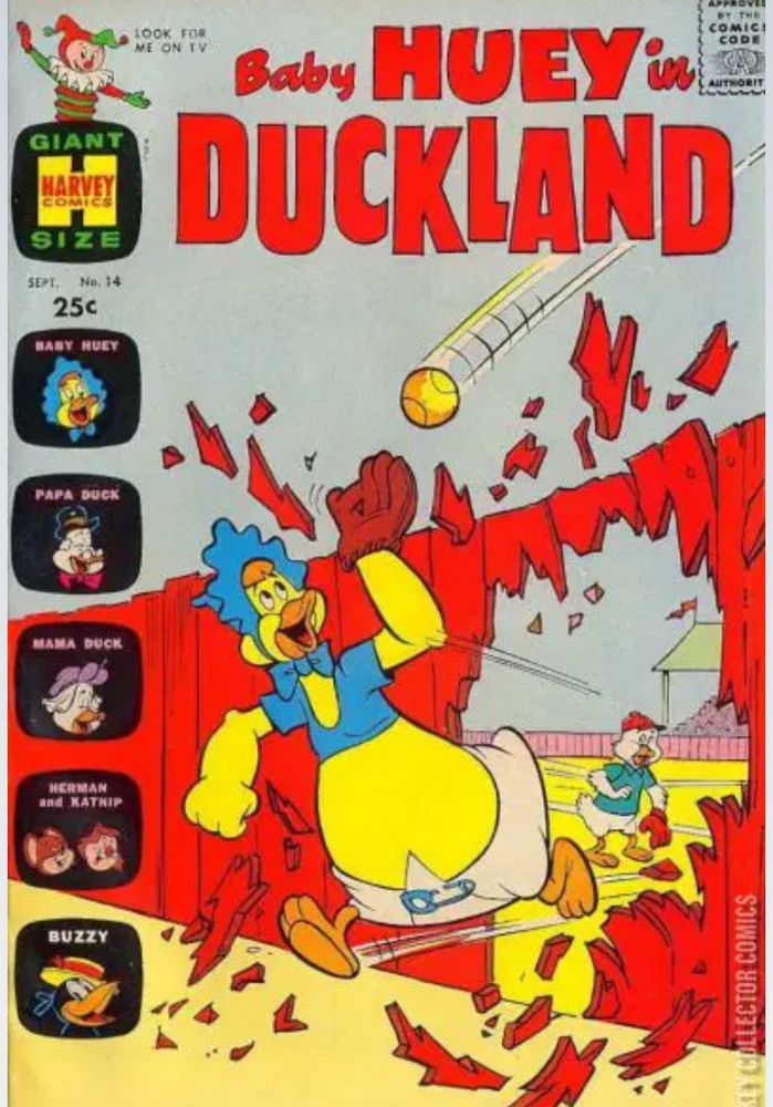 Large cartoon duck in baby getup crashing through a fence to catch a baseball. 