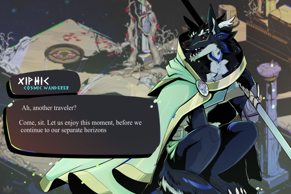 Hades-style art piece with a dark-blue furred creature in a cloak, squatting down and with an interested look. Text box on the side that says "Xiphic - Cosmic Wanderer. 'Ah, another traveler? Come, set. Let us enjoy this moment, before we continue to our separate horizons'"