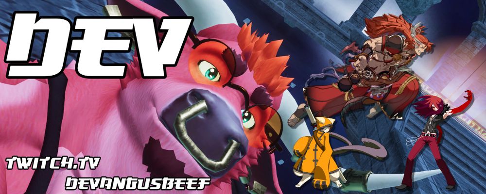 Twitch banner with Dev, various fighting game characters, and a twitch link in the post