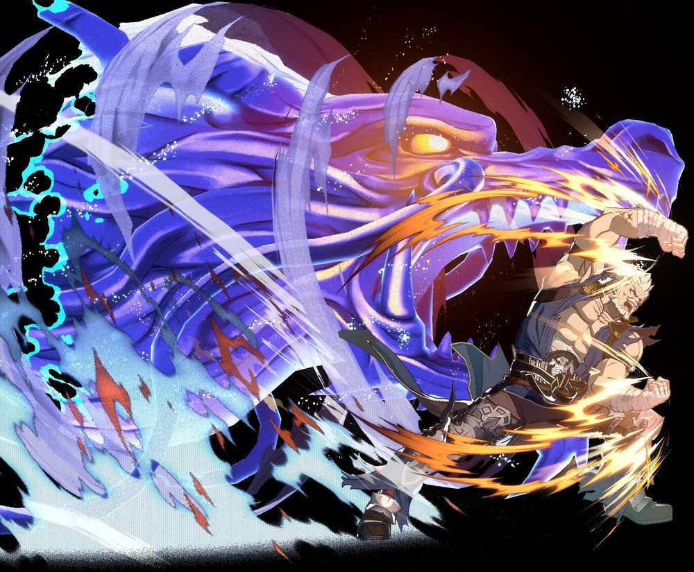 Soriz in GBVSR punching with a ghost dragon