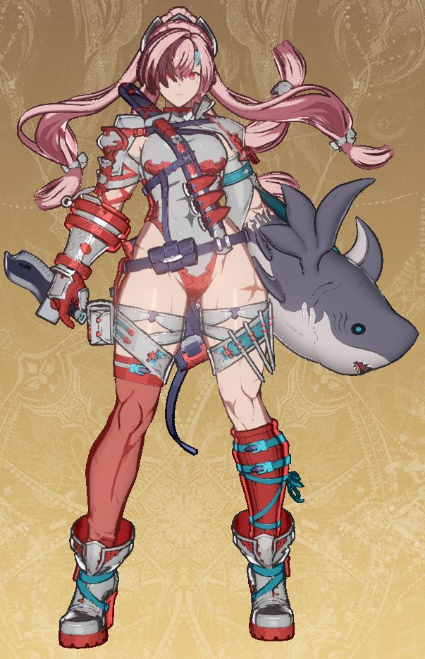 Meg with pink hear and a gray/red/blue outfit