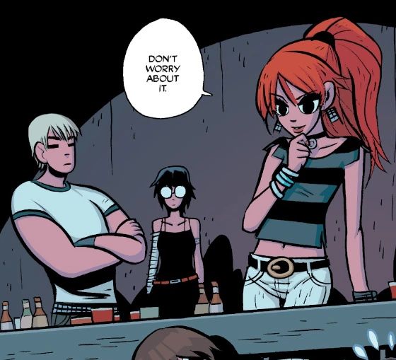Envy, a redhead woman, and two others stand at a bar