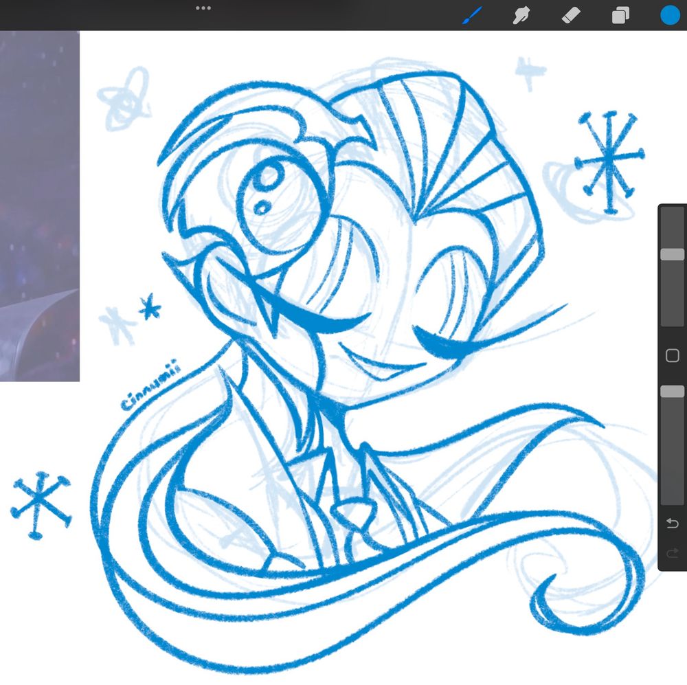 In-progress sketch with blue line-work and stars featuring the “Binary Star” skin for Wu Chang from IDV.