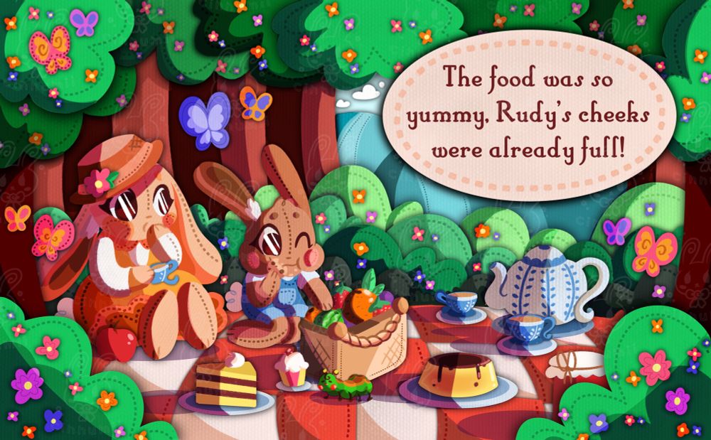 Two bunny siblings having a picnic on a sunny day, with food items and tea on a picnic blanket.