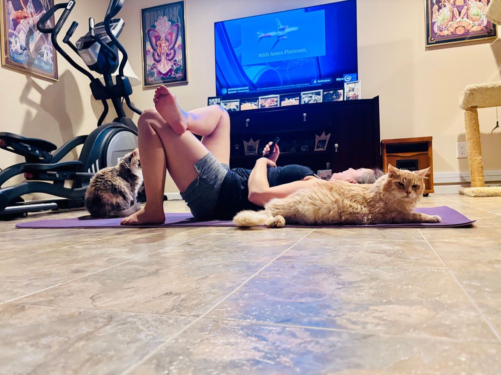 A lot of the time when we workout in our basement, we have kitty trainers/supervisors, like I did in this pic (June 2025). I was waiting to skip through the commercials to start one of our Pilates videos while Bryan laid next to my head and Mildred (a long-haired dilute calico) hung out by my feet. 😻 I often have to lay at a diagonal to do my moves when the cats take over chunks of my mat.
