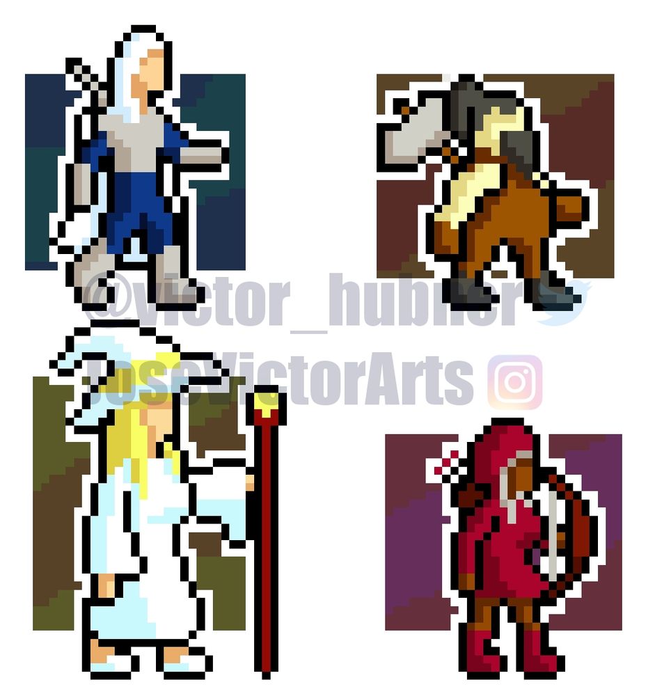  A set of castlevania style sprites of a knight, a dwarf, a mage and a archer.