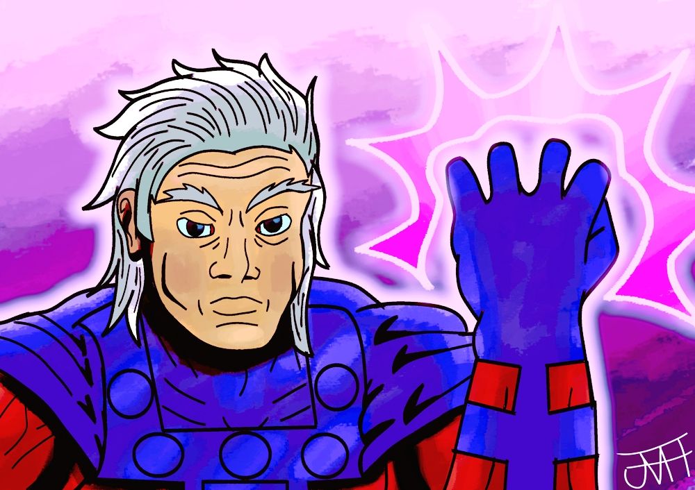  A portrait of Magneto from X-MEN with his fist close to the camera creating magnetic energy.