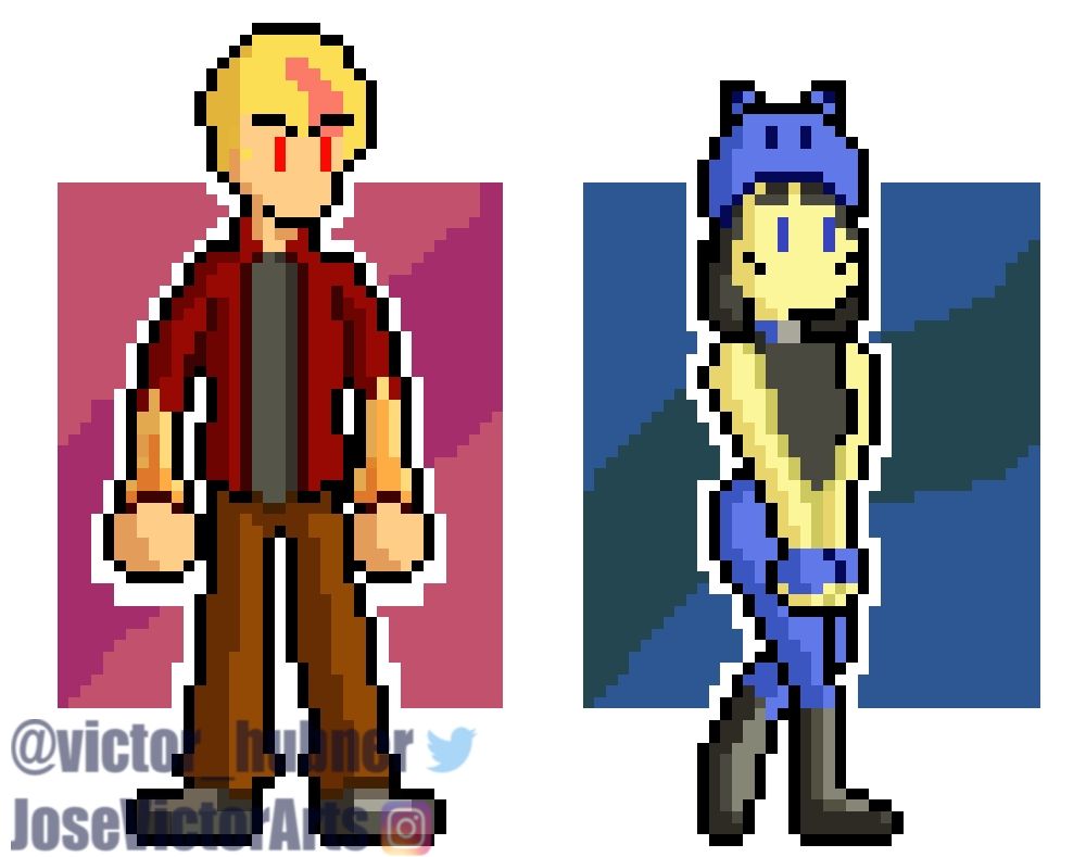  Pixel art sprites of my OCs Hikaru Tenshi 🇯🇵 (left) and Yumi Han 🇰🇷 (right).