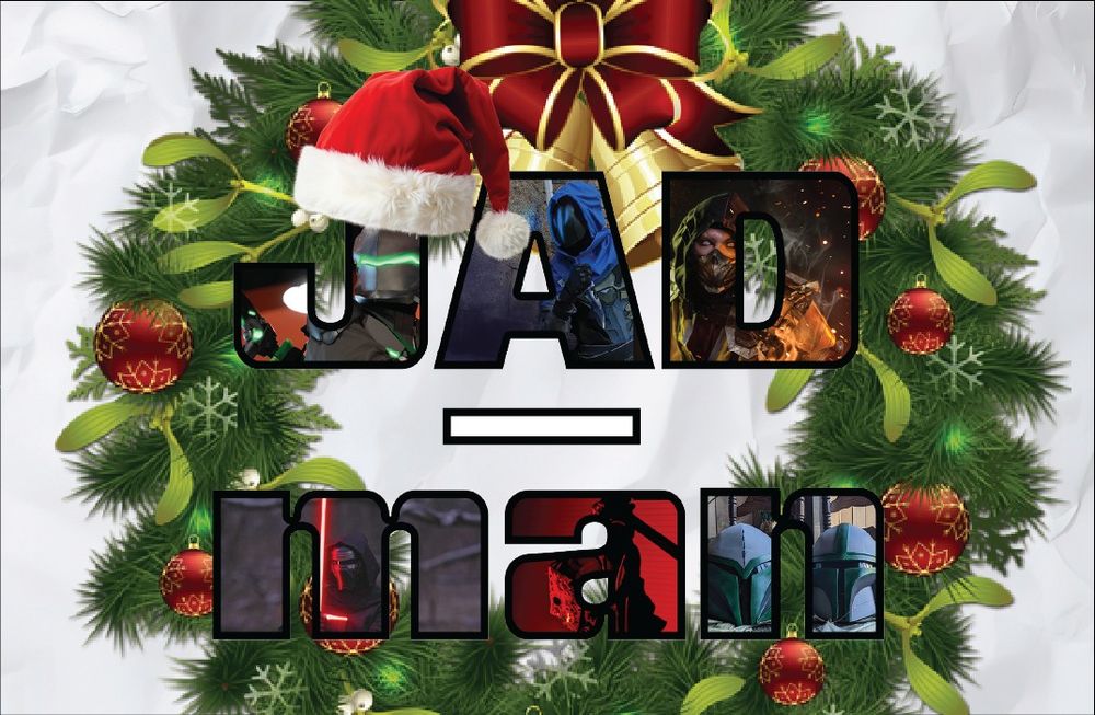JAD-man Christmas logo. Wreath in the background and the "J" has a Santa hat.