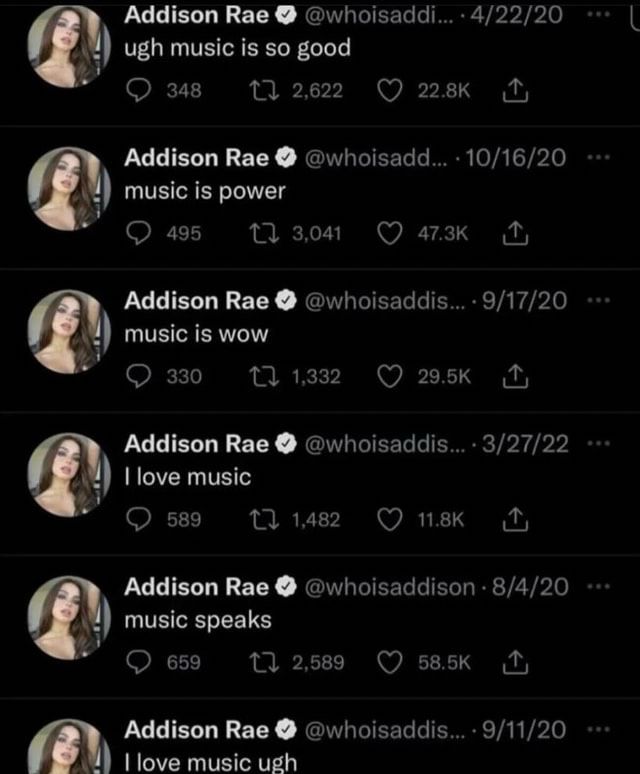 Addison Rae tweeting about how much she loves music