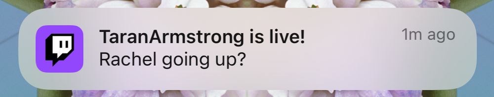 Twitch notification from Taran Armstrong titled “Rachel going up?”