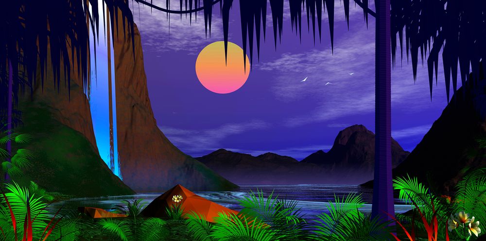 3d render. mystical jungle waterfall at sunset. 