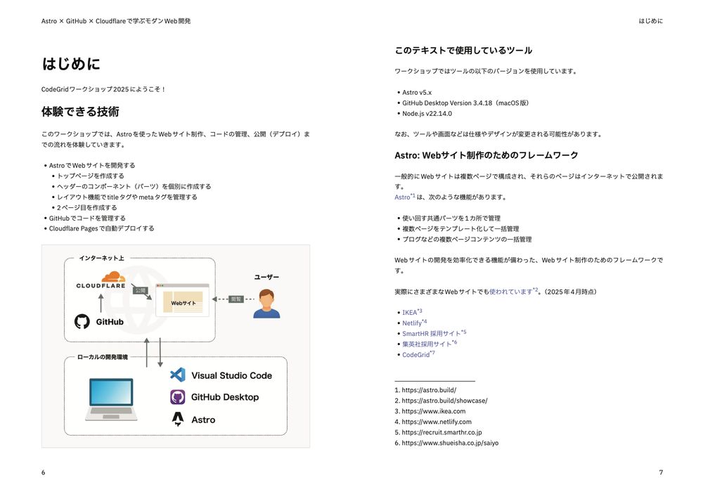 ワークショップのテキストの一部のPDF。内容は以下が書かれている。

はじめに

CodeGrid ワークショップ 2025 にようこそ！

体験できる技術

このワークショップでは、Astro を使った Web サイト制作、コードの管理、公開（デプロイ）までの流れを体験していきます。

- Astro で Web サイトを開発する
  - トップページを作成する
  - ヘッダーのコンポーネント（パーツ）を個別に作成する
  - レイアウト機能で title タグや meta タグを管理する
  - 2 ページ目を作成する
- GitHub でコードを管理する
- Cloudflare Pages で自動デプロイする

このテキストで使用しているツール

ワークショップではツールの以下のバージョンを使用しています。

- Astro v5.x
- GitHub Desktop Version 3.4.18（macOS 版）
- Node.js v22.14.0
-
なお、ツールや画面などは仕様やデザインが変更される可能性があります。

Astro: Webサイト制作のためのフレームワーク
一般的に Web サイトは複数ページで構成され、それらのページはインターネットで公開されます。
Astro は、次のような機能があります。

- 使い回す共通パーツを 1 カ所で管理
- 複数ページをテンプレート化して一括管理
- ブログなどの複数ページコンテンツの一括管理

Web サイトの開発を効率化できる機能が備わった、Web サイト制作のためのフレームワークです。
実際にさまざまな Web サイトでも使われています 。 （2025 年 4 月時点）
- IKEA
- Netlify
- SmartHR 採用サイト
- 集英社採用サイト
- CodeGrid

1. https://astro.build/
2. https://astro.build/showcase/
3. https://www.ikea.com
4. https://www.netlify.com
5. https://recruit.smarthr.co.jp
6. https://www.shueisha.co.jp/saiyo
7. https://www.codegrid.net
