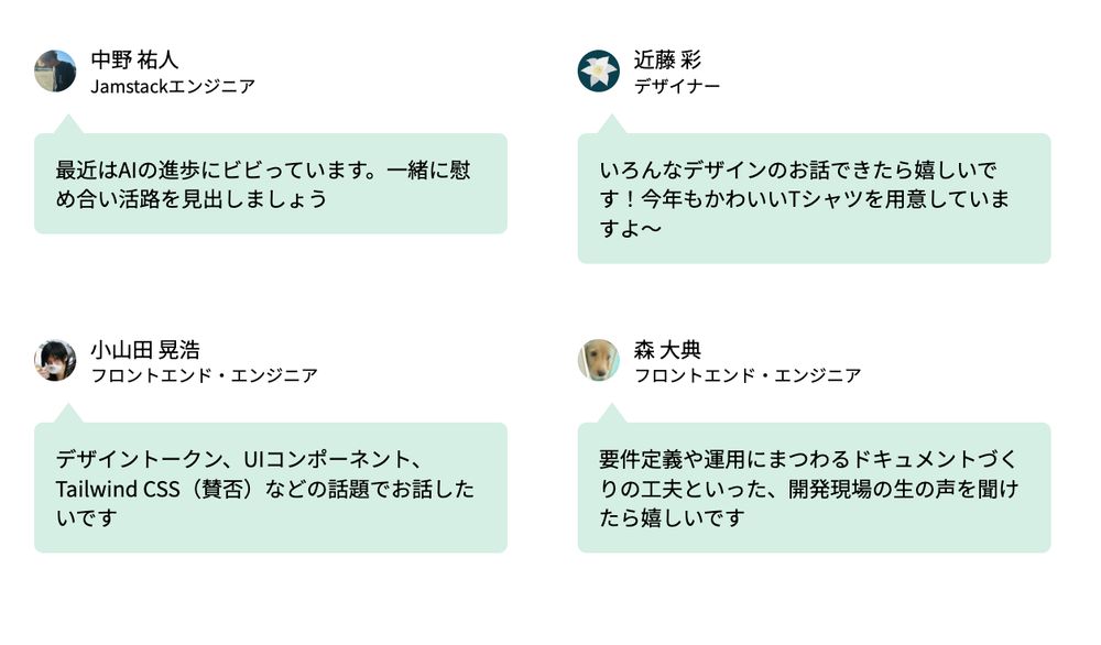 4人のスタッフの声がアイコンと共に並んでいる。

中野 祐人
Jamstackエンジニア
最近はAIの進歩にビビっています。一緒に慰め合い活路を見出しましょう

近藤 彩
デザイナー
いろんなデザインのお話できたら嬉しいです！今年もかわいいTシャツを用意していますよ〜

小山田 晃浩
フロントエンド・エンジニア
デザイントークン、UIコンポーネント、Tailwind CSS（賛否）などの話題でお話したいです

森 大典
フロントエンド・エンジニア
要件定義や運用にまつわるドキュメントづくりの工夫といった、開発現場の生の声を聞けたら嬉しいです