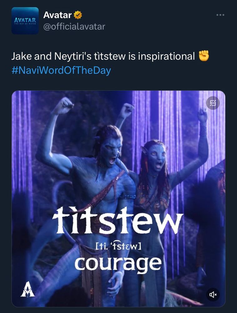 Avatar promo that says 'jake and neytiri's titstew is inspirational'. Titstew = courage.