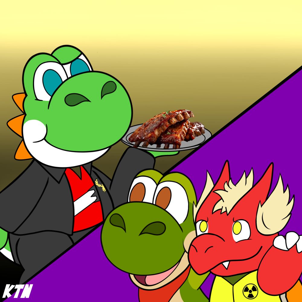 Artwork by Kirbyranitar. Logan Gallagher is serving a plate of ribs to Nathan and KillerDragon for all three of their hatchdays.