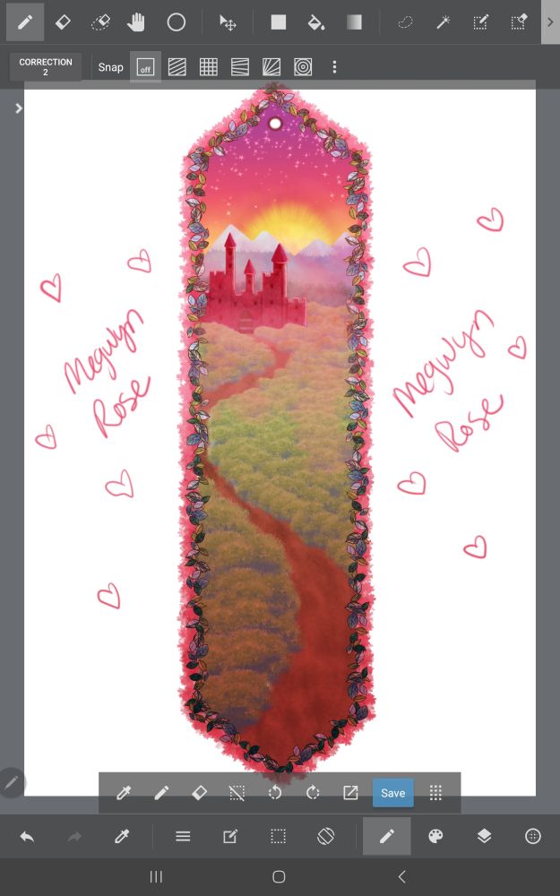 Bookmark illustration of a castle in the distance with a sunset behind it
