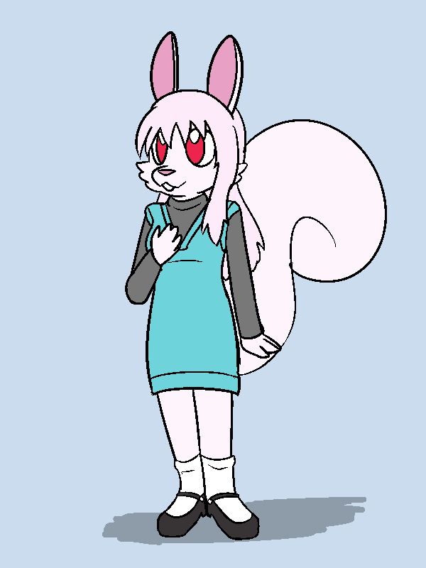 an anthropomorphic albino squirrel wearing a blue dress over a black long sleeve top, and mary janes. she is cute