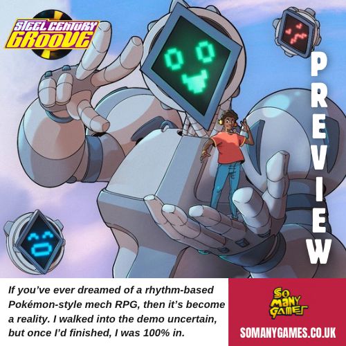 A mech robot with a computerised smiley face holds a person in one hand and is holding up two fingers in a peace sign with the other hand. 

This also contains the following quote from our preview: 

“ If you've ever dreamed of a rhythm-based Pokémon-style mech RPG, then it's become a reality. I walked into the demo uncertain, but once l'd finished, I was 100% in.”