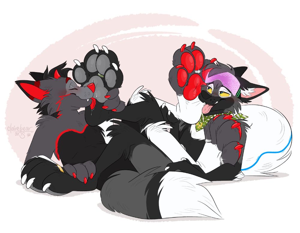An art piece of an anthro silver fox and monochrome with red highlights taidum taking good care of each others paws