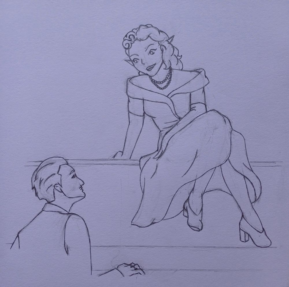 Sketch of Emmrich and a custom Rook named Maggie in an alternate Noir themed setting. Maggie is sat on top the piano singing. She is wearing an off the shoulder 40s style dress and a pear necklace, her hair is pinned up in victory rolls. Emmrich looks adoringly up at her whilst he plays the piano. 