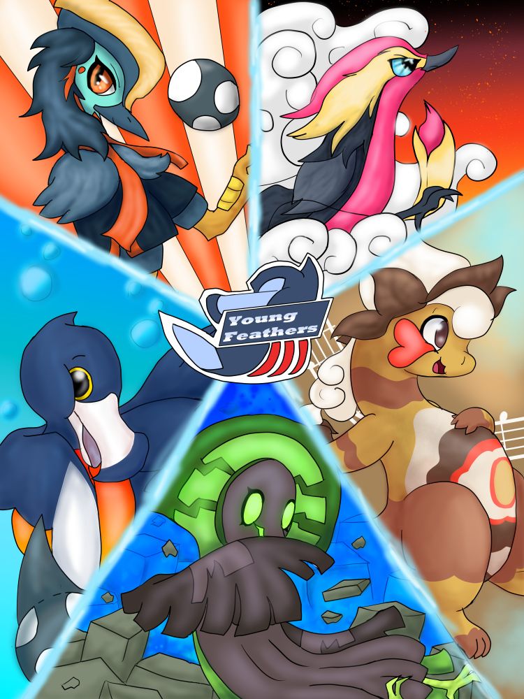 Digital art. 5 characters from the game Beastieball divided among 5 different sections of the drawing are posing mid action. 4 are clearly birds, while one is cute chubby lizard thing. A sports team style logo sits dead center in the drawing.